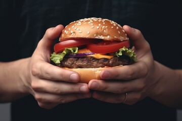 Wall Mural - Young man hands holding a juicy hamburger. Generative AI