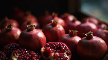 Juicy Ripe Pomegranate Fruits On The Market Counter For Juice. Generative Ai