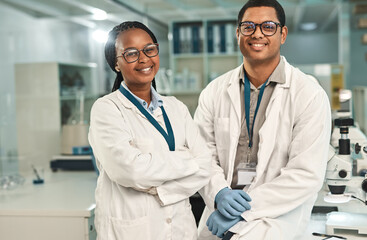 Wall Mural - when theres a mystery, we come to solve it. portrait of two scientists in a lab.