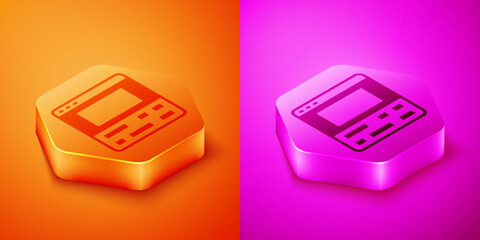 Poster - Isometric Video recorder or editor software on laptop icon isolated on orange and pink background. Video editing on a laptop. Hexagon button. Vector