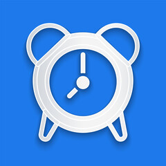 Poster - Paper cut Alarm clock icon isolated on blue background. Wake up, get up concept. Time sign. Paper art style. Vector