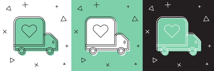 Wall Mural - Set Delivery truck with heart icon isolated on white and green, black background. Love delivery truck. Love truck valentines day. Vector