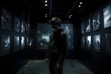 Wall Mural - men with vr headset art exhibition, dark theme