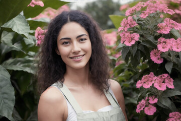 Portrait of the smiling happy young woman horticulturist gardener working in a garden center at early morning. Concept of ecological environment. Generative AI