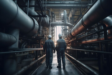 teamwork: group of industrial workers in a refinery - oil processing equipment and machinery. Neural network AI generated art