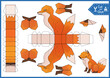 Kids craft template. Cut and glue a paper 3d fox. DIY papercraft cutout puzzle toys. Activity worksheet for children. Vector printable education game. Create to birthday decor. 