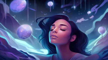 Wall Mural - lucid dreaming astral projection close up woman meditation illustration generative ai