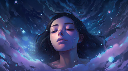 Wall Mural - lucid dreaming astral projection close up woman meditation illustration generative ai