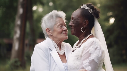 Wall Mural - Old women lesbian couple. marrage Black and Caucasian female bride in love. LGBT pride month celebration generative ai