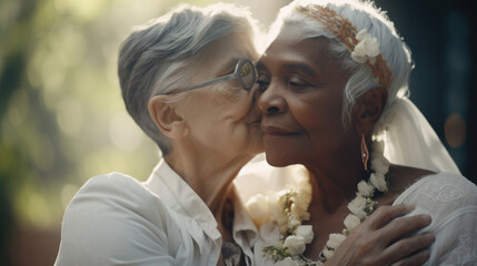 Wall Mural - Old women lesbian couple. marrage Black and Caucasian female bride in love. LGBT pride month celebration generative ai