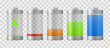 Set of realistic battery charge indicators with low and high energy levels isolated on transparent background.  Electric power accumulators bundle. Vector illustration.