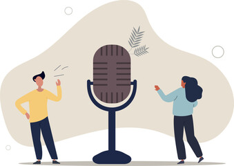 Podcast in episodic series of digital audio records broadcast or streaming via internet for easy listeners, professional podcasters .flat vector illustration.