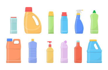 chemical clean bottles. plastic bottles of household chemicals and cleaning products. flat design. h