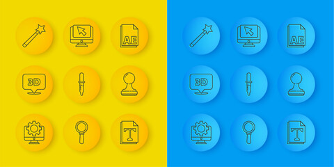 Poster - Set line Computer monitor and gear, Speech bubble with text 3D, Pipette, Text file document, Stamp, Magic wand, AE and cursor icon. Vector