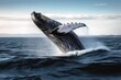 Amazing shot of whale jumping in the ocean on a sunny day. Generative AI