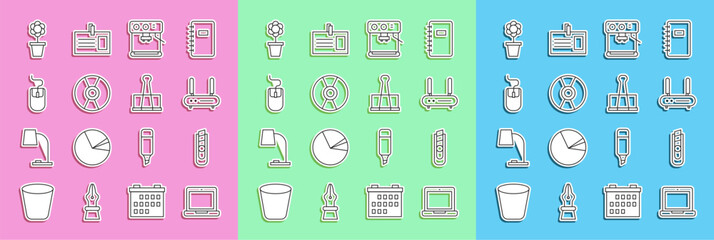 Poster - Set line Laptop, Stationery knife, Router and wi-fi signal, Coffee machine, CD or DVD disk, Computer mouse, Flower pot and Binder clip icon. Vector