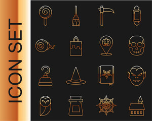 Wall Mural - Set line Castle, Vampire, Skull, Scythe, Burning candle, Eye, Lollipop and Pumpkin icon. Vector