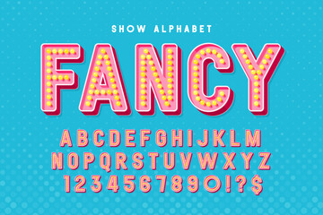 Poster - Retro cinema alphabet design, cabaret, LED lamps letters and numbers.