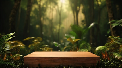 wooden podium in tropical forest for product display generative AI