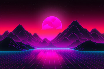 Wall Mural - retrowave or synthwave style poster wallpaper background. night grid poster. generative ai