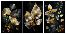Beautiful Set Of Three Golden Tree Leaves In Modern Painting Background. Great For Wall Art And Home Decor. Transparent Golden Leaves On Black Background Illustration. Ai Generative.

