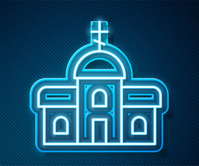 Wall Mural - Glowing neon line Church building icon isolated on blue background. Christian Church. Religion of church. Vector