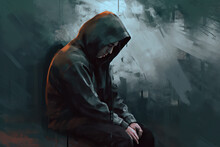Dark Digital Painting Of Desperate Person With Hood In Slumped Sitting Position, Gloomy Background, Concept For Depression And Mental Health In Modern Business World, Generative AI