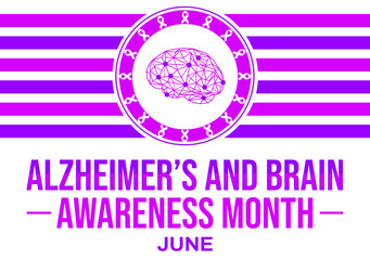 Poster - Alzheimer’s and brain awareness month with ribbon and brain wireframe design along with typography
