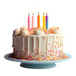 © Vlad - Birthday cake with lit candles on a white background. Generative AI