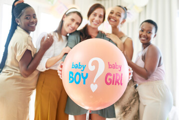 Aufkleber - Party games are always fun. a group of women about to pop a balloon for a gender reveal during a baby shower.