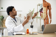 Bearded African American Male In Lab Coat Marking Liver On Human Anatomy Model While Sitting Near Desk With Digital Devices In Workplace. Family Doctor Improving Patient Awareness Using Tablet.