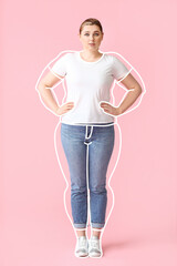 Sticker - Young woman after weight loss on pink background