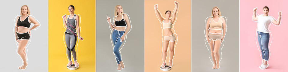 Wall Mural - Set of beautiful young women after weight loss on color background