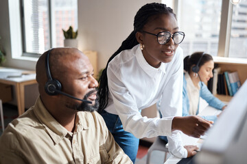 Poster - A deeper understanding connects us. a businessman and businesswoman using a headset and computer while working in a modern office.