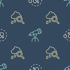 Poster - Set line Atom, Cloud with rain and Telescope on seamless pattern. Vector