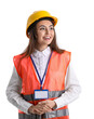 © Pixel-Shot - Female worker in vest and hardhat on white background