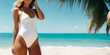 © Sergiy - Attractive sexy blonde girl with long hair in a white one piece swimsuit on a paradise beach on a sunny day on the shore of an exotic sea or ocean. Advertising copy space for text. Generative AI.