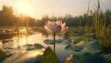 A Fresh And Beautiful Lotus Flower Is Blooming In The Morning In A Pond. Generative AI