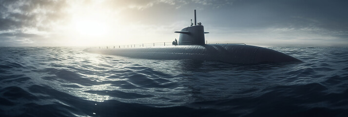 Wall Mural - Generic military nuclear submarine floating in the middle of the ocean. AI generative