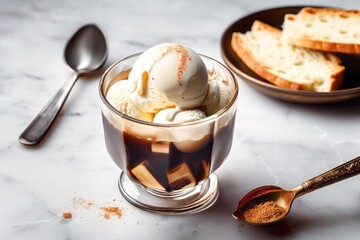 Sticker - A classic affogato is a dessert consisting of a scoop of vanilla gelato or ice cream drowned in hot espresso. AI generative image.