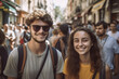 © wetzkaz - young couple or friends or siblings together in an old town, fictional place, excursion or vacation or weekend or shopping in summer. Generative AI