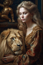 Young Woman With Lion, Portrait Of Adult Girl In Oil Painting Style, Generative AI.
