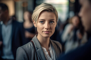 young adult woman in the middle of business life, wearing a suit, optimistic or dreamy expression on her face. Generative AI