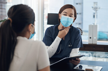Poster - Youre going to need some medication for your throat. a young female doctor talking to a patient in an office.
