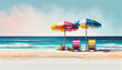 © borisk.photos - Vibrant Beach Panorama Illustration: White Sand, Chairs, Umbrella & Scenic Travel Tourism Background Generative AI
