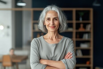 Wall Mural - Smiling confident stylish mature middle aged woman standing at home office. Mature businesswoman, gray-haired lady executive business leader manager looking at camera arms crossed, generative AI