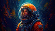 © keks20034 - Woman astronaut on an alien planet, standing surrounded by flowers, in dark orange tones. In the style of spatial concept art. Generative AI