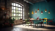 © hassanmim2021 - Cafe interior in loft, industrial interior style, 3d render, Bright color. Generative Ai