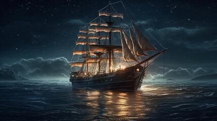 Wall Mural - Pirate ship in the sea at night.generative ai