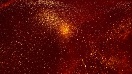 Wall Mural - The swirling motion of gold particles in the red liquid. Golden dust particles floating abstractly in red fluid. Beautiful magical shiny background. Generative AI